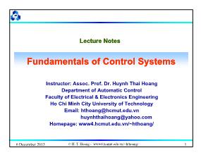 Bài giảng Fundamentals of Control Systems - Chapter 3: System dynamics - Huỳnh Thái Hoàng